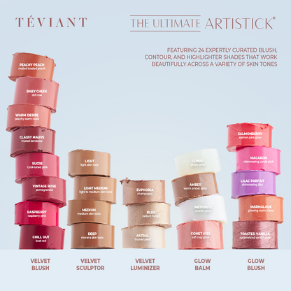 TEVIANT | THE ULTIMATE ARTISTICK | VELVET BLUSH STICK | VELVET SCULPTOR STICK | VELVET LUMINIZER STICK | GLOW BLUSH STICK | GLOW BALM STICK