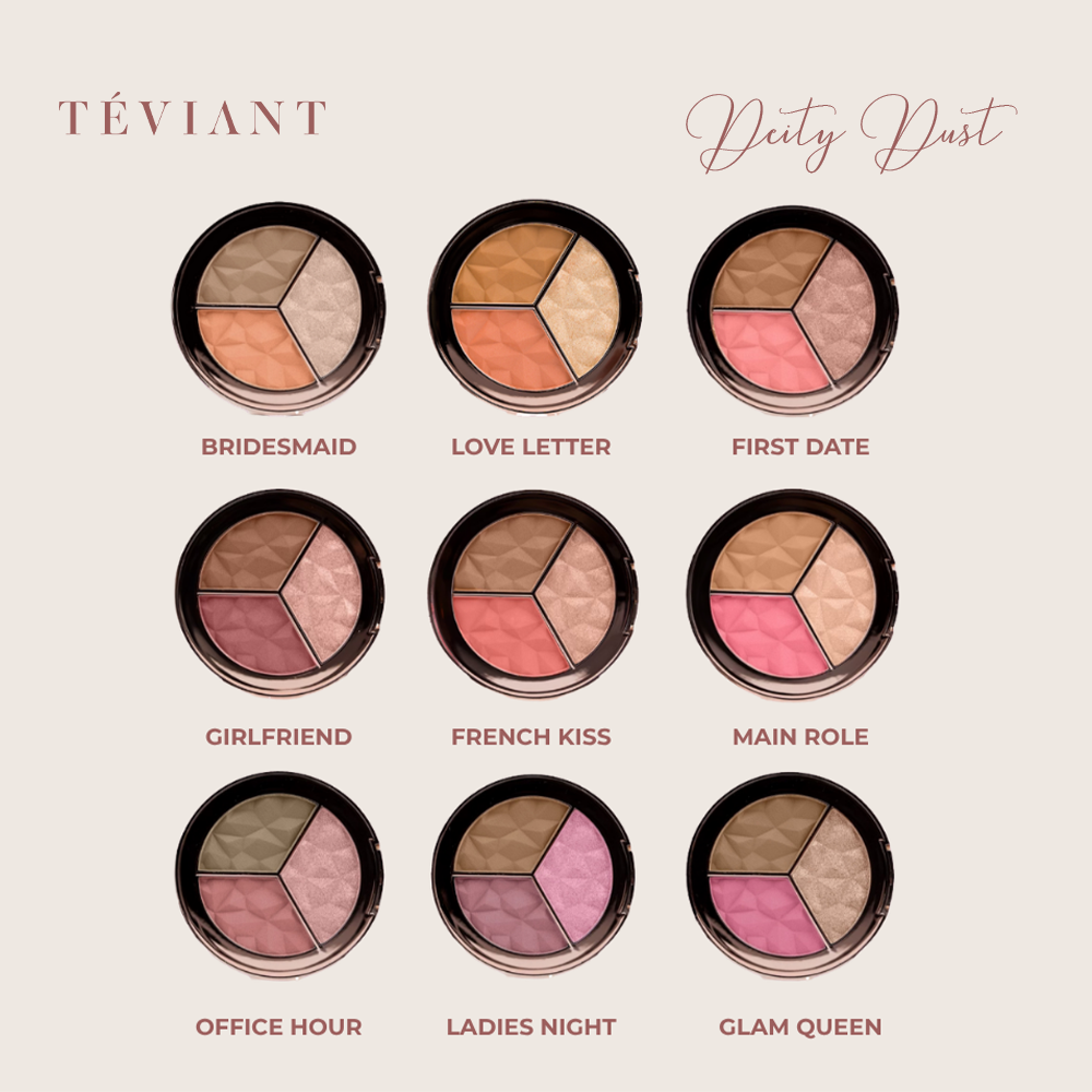 TEVIANT | DEITY DUST | TRIO FACE PALETTE | POWDER BLUSH | POWDER CONTOUR | POWDER HIGHLIGHTER